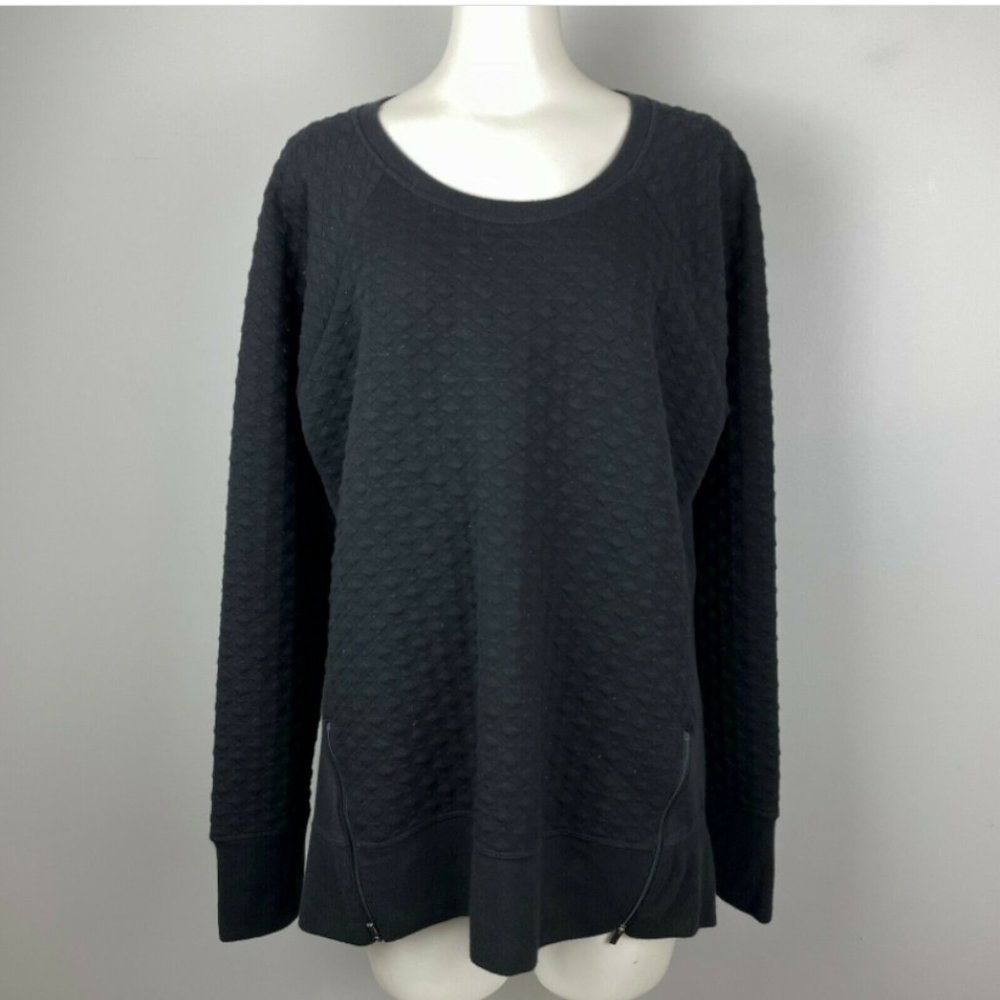 Athleta R&R Black Quilted Pullover Sweatshirt Sweater Sparkle Side Zips XL